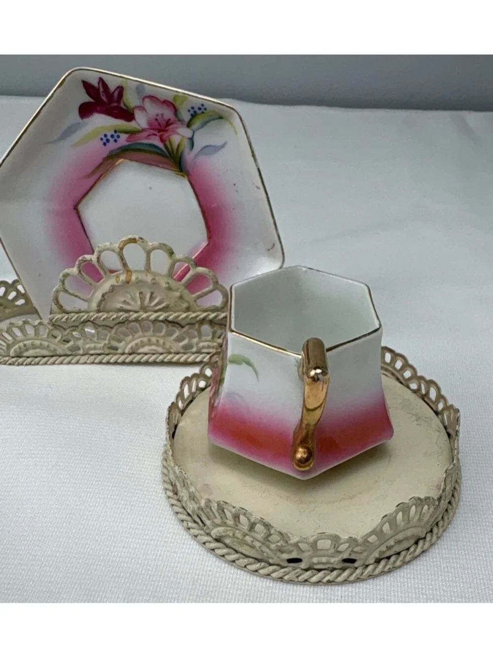 Hand-Painted Japanese Hexagon Teacup & Saucer Pink Floral Gilt Trim Stunner Vtg